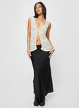 Sheer lace vest top Longline style, plunge neckline, single button fastening at front