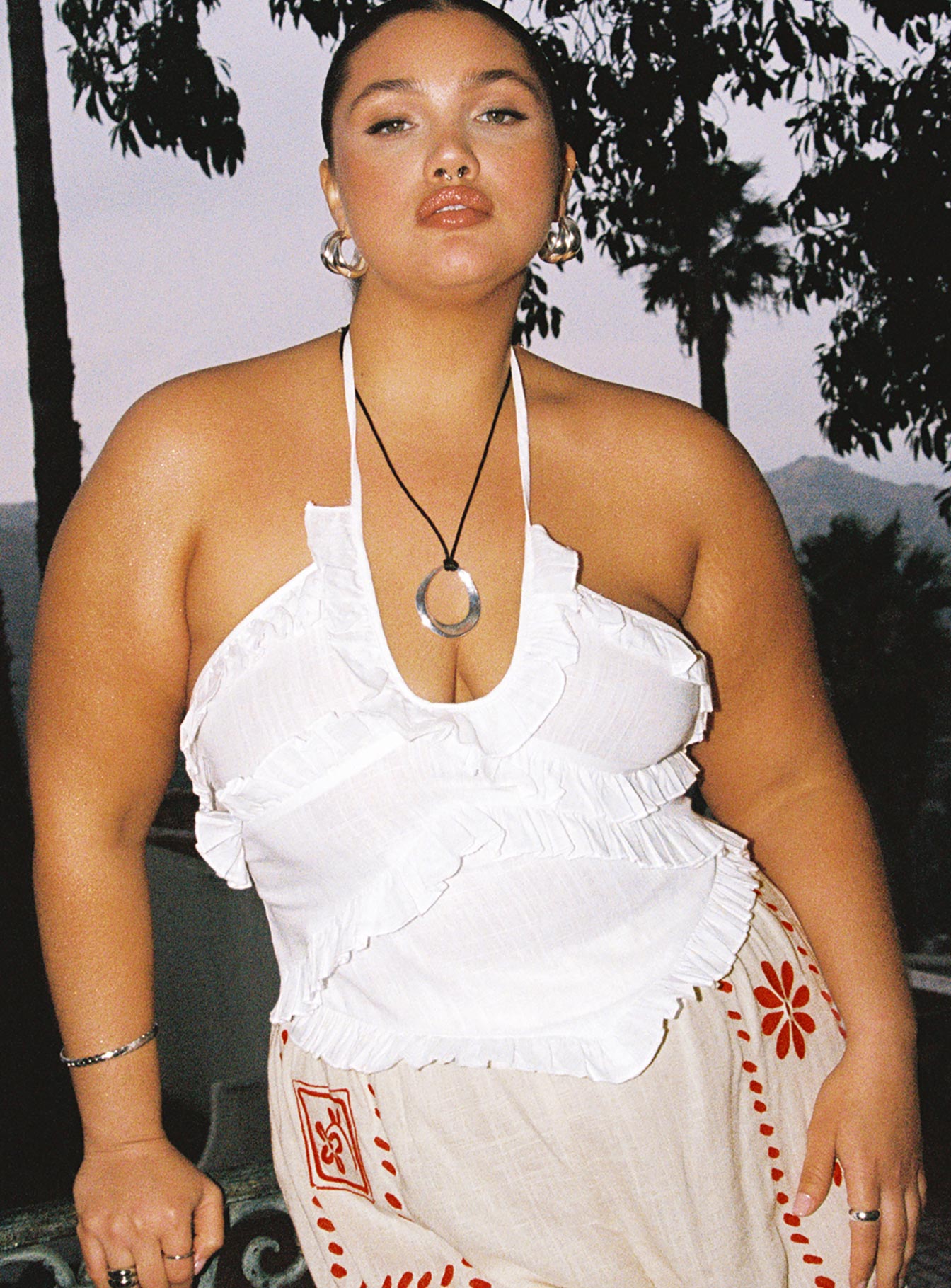 Linen crop top Frill detail & hemline, cross tie halter neck, open back