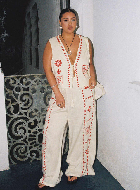 V neckline vest top Embroidered detail, tie closure with tassels