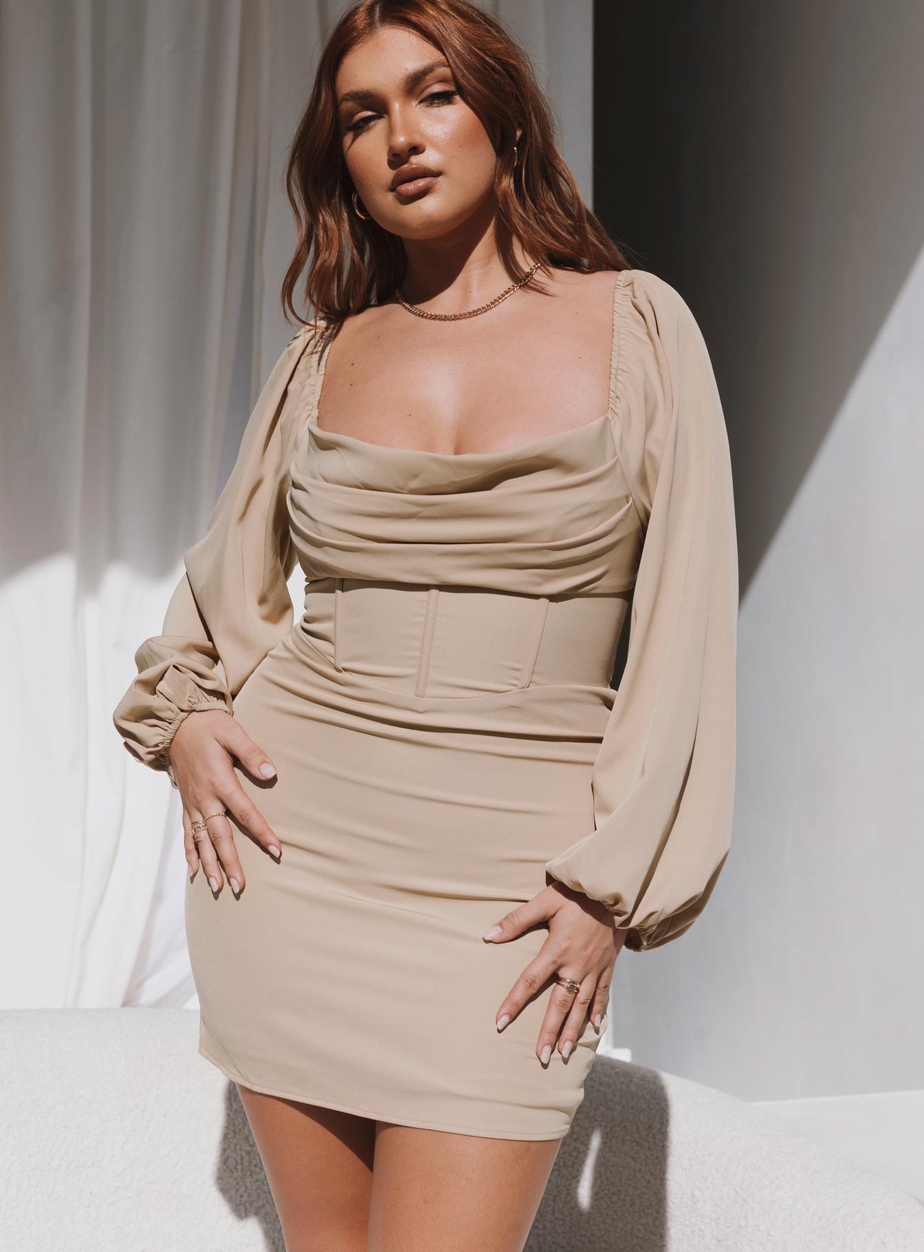 Lillie Long Sleeve Mini Dress Beige | Princess Polly Lillie Long Sleeve Mini Dress Beige | Princess Polly