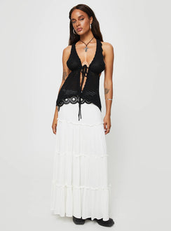 Crochet halter top Tie fastening at bust, cross over back straps with tie fastening Slight stretch, unlined, sheer