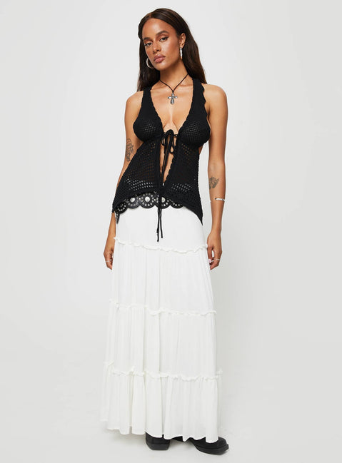 Crochet halter top Tie fastening at bust, cross over back straps with tie fastening Slight stretch, unlined, sheer