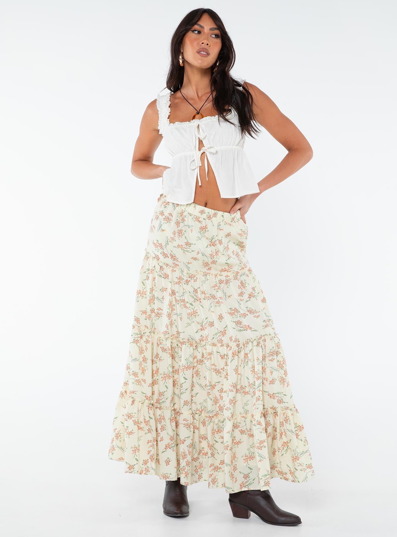 Floral maxi skirt Tiered design, frill detailing throughout, wide elasticated waist band  Non-stretch material, fully lined