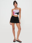 Pink and black Strapless top Graphic print, mesh material, ruching at sides, inner silicone strip at bust