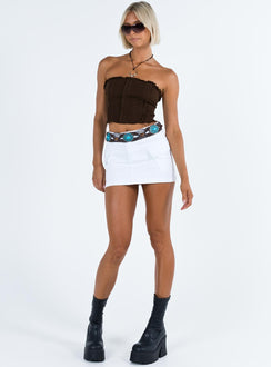 Strapless top Inner silicone strip at bust Zip fastening at back Distressed detailing Panel stitching Good stretch Unlined 