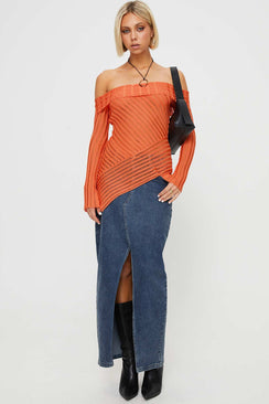 Off-the-shoulder sweater Slim fitting, sheer knit material,  asymmetric hem, extra long slightly flared sleeve, folded neckline