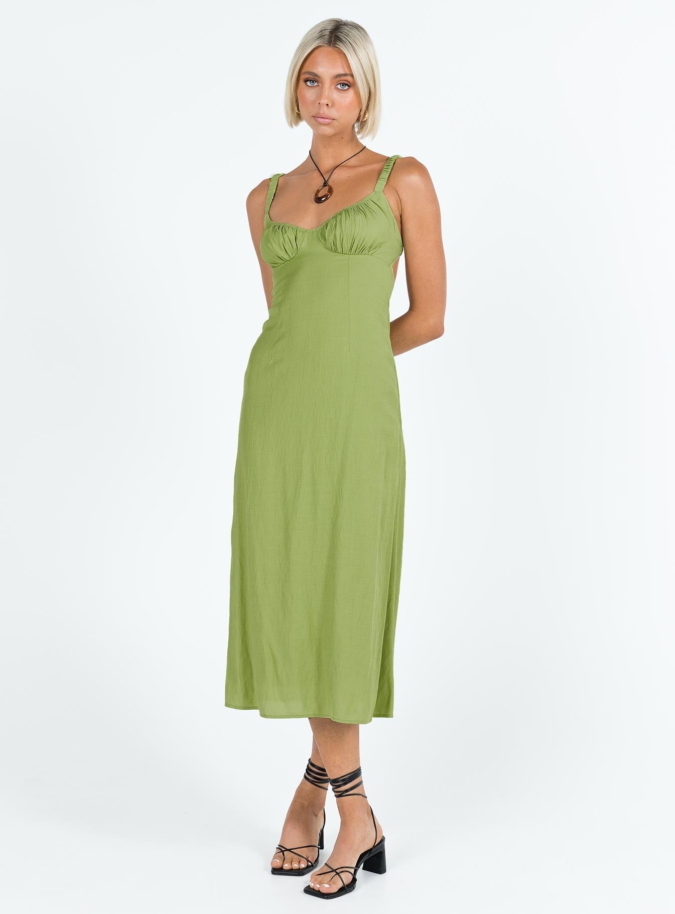 Green midi dress Elasticated shoulders & back Side slit Invisible zip fastening at back Low back Lined bust