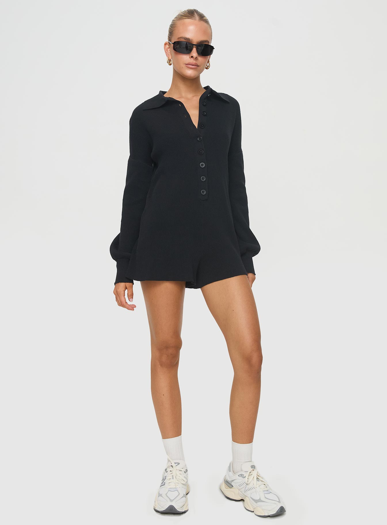 Black knit romper long sleeve button up