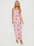 Floral print maxi dress Fixed wide straps, v-neckline, slight ruching at bust, waist tie, invisible zip fastening at side