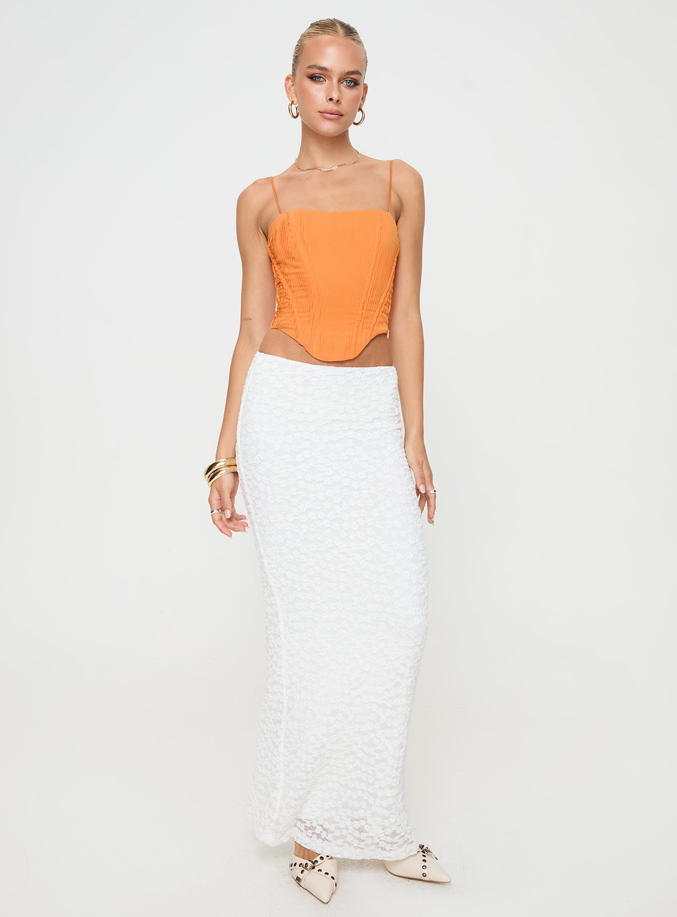 Orange Plisse corset Fixed shoulder straps, square neckline, lace up fastening at back, curved hem, invisible zip fastening at side, boning throughout