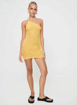 Yellow Mini dress Crochet material, one shoulder style, fixed straps