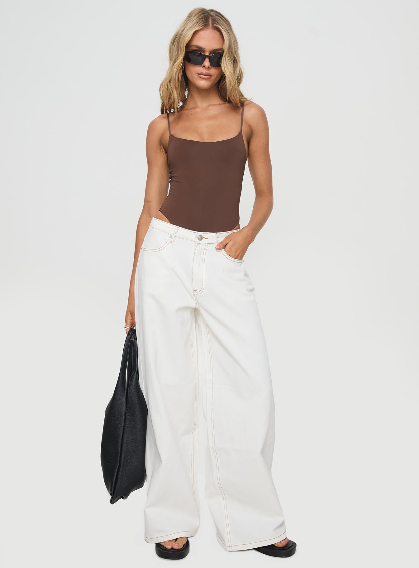 Brown Scoop neck bodysuit Adjustable shoulder straps, high cut leg, cheeky style bottom, press clip fastening