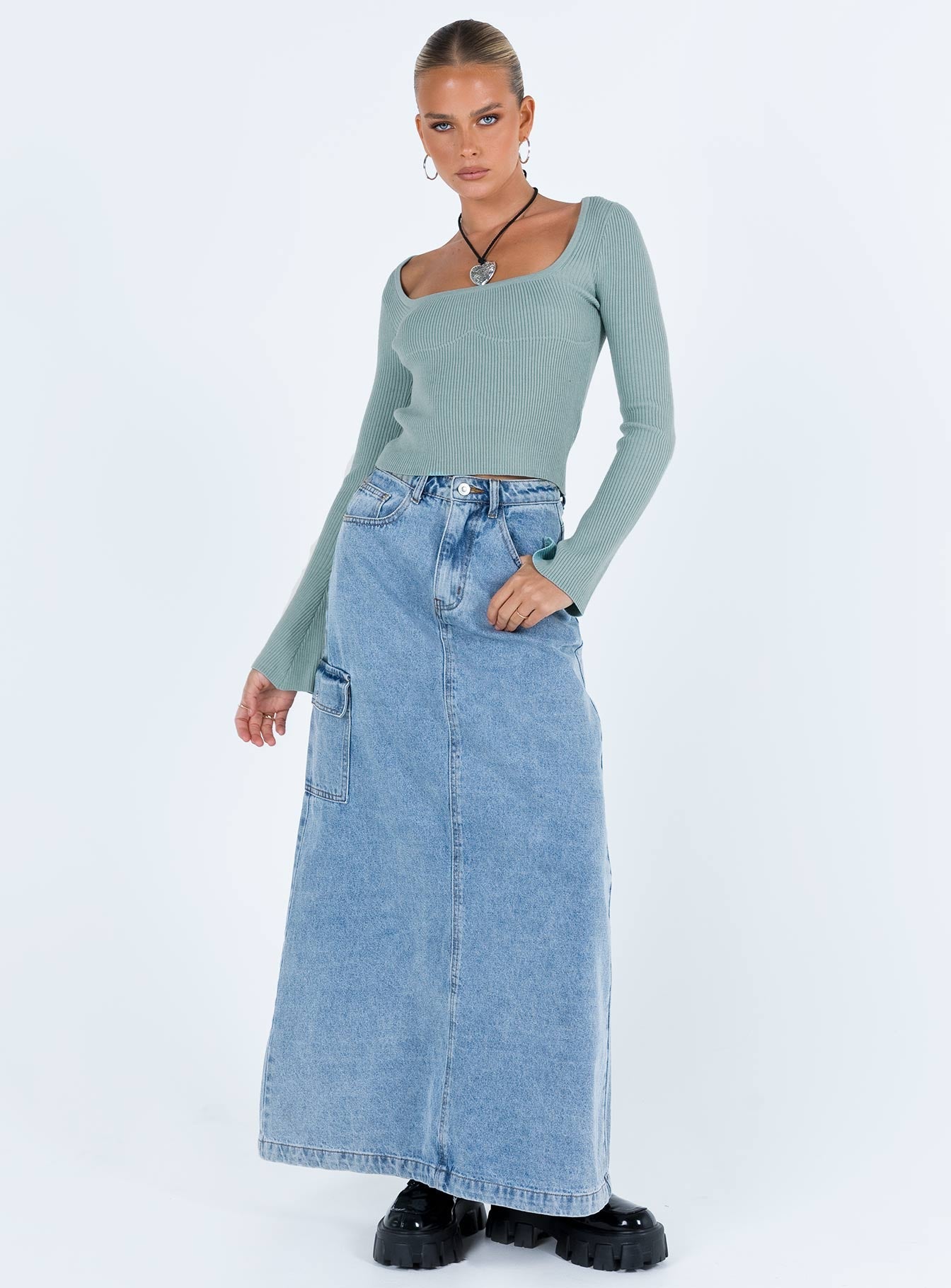 Blue top Ribbed knit material Scoop neck Stitching detail under bust Good Stretch Unlined 