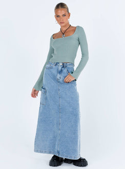 Blue top Ribbed knit material Scoop neck Stitching detail under bust Good Stretch Unlined 