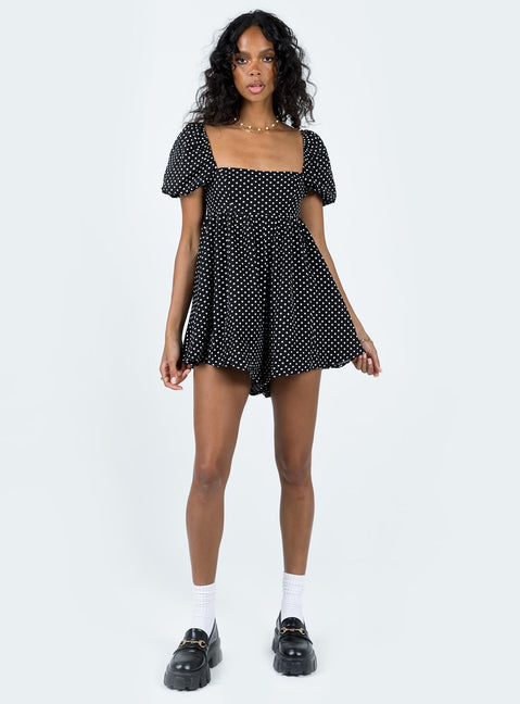 Romper Polka dot print Square neckline  Elasticated puff sleeves Shirred back panel Invisible zip fastening at back  Relaxed leg 