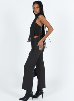 Black cargo pants High rise Belt looped waist Zip and button fastening Faux back pockets Twin leg pockets Straight leg