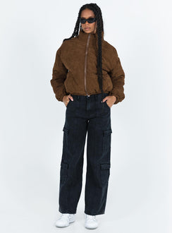 Relaxed fit brown puffer jacket Corduroy High neck Zip front fastening Twin zip front pockets Ribbed cuffs Elasticated waist