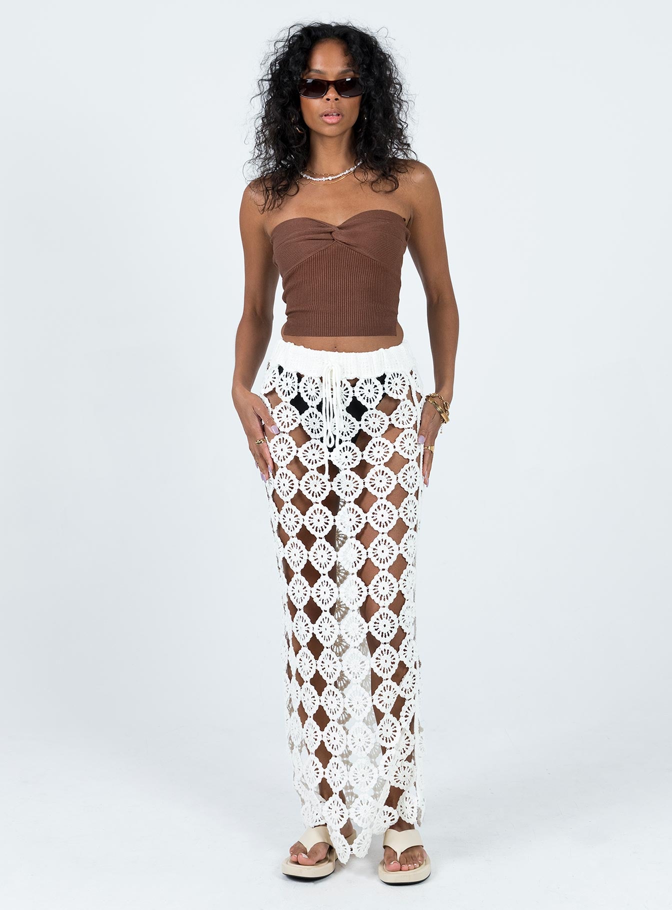 Maxi skirt Sheer crochet material Delicate - wear with care Elasticated waistband with tie fastening  Non-stretch