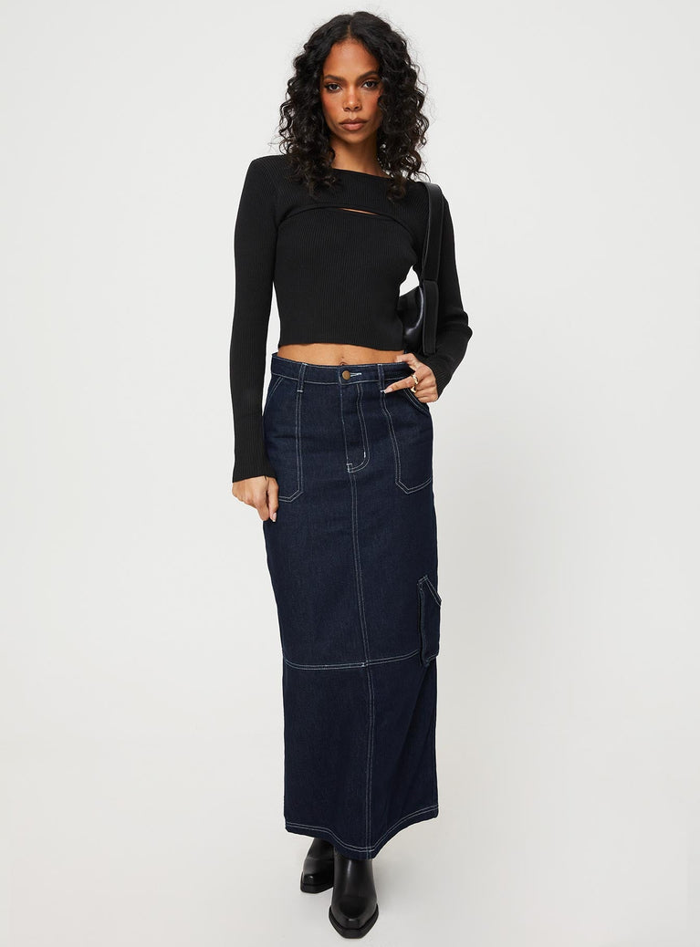 Denim maxi skirt Zip and button fastening, belt looped waist, twin hip pockets, slit at back