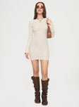 Long sleeve mini dress Knit material, high neckline, flared sleeves Good stretch, unlined, sheer