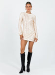 Champagne long sleeve mini dress Silky material Cut out at back Flared cuff Lettuce edge hem