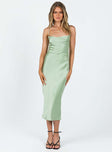 Green midi dress Silky material Cowl neckline Adjustable shoulder straps with tie fastening at back Cowl back