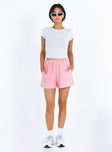 Pink shorts Muslin look material  High waisted  Elasticated waistband  Twin hip pockets 