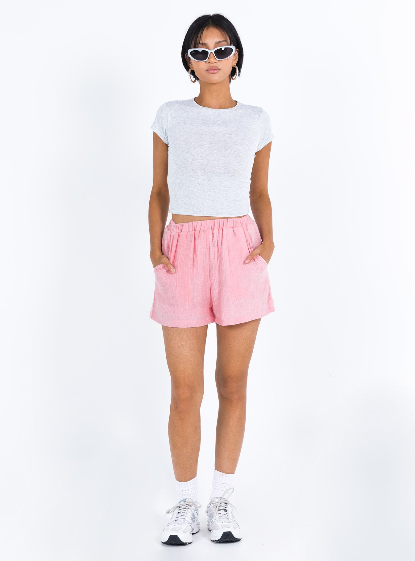 Pink shorts Muslin look material  High waisted  Elasticated waistband  Twin hip pockets 
