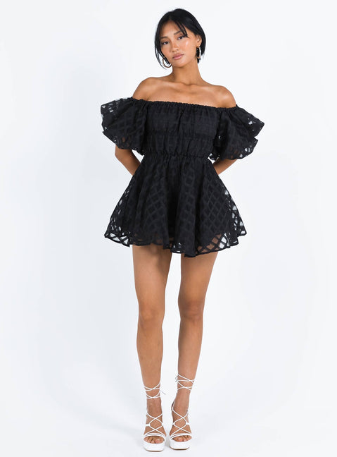 Black mini dress Sheer material Off the shoulder design Puff sleeve Elasticated bands at waist
