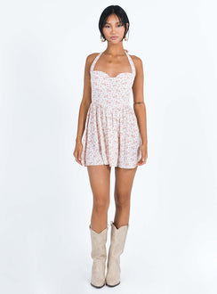 Mini dress Floral print Halter neck tie fastening Invisible zip fastening at back Slight rushing at waist