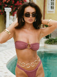 Bikini top Bandeau style, rose gold toned ring at bust, clasp fastening, unpadded Good stretch, fully lined