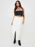 Denim maxi skirt Mid rise, belt looped waist, zip and button fastening, five pocket design, split at front