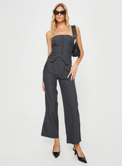 Matching set  Strapless slim-fitting top, faux front pockets, split hem Elasticated at back, silicone inner strip at bust, front button fastening Non-stretch, fully lined top High-waisted straight-leg pants, subtle pleats at the waist, twin hip pockets  Zip & button fastening Non-stretch, unlined  Princess Polly Lower Impact