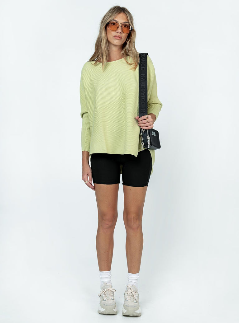 Green sweater Relaxed fit Ribbed knit material Wide neckline