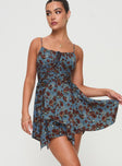 Floral print mini dress Adjustable shoulder straps, tie fastening at bust, ruching at waist, invisible zip fastening at back Non-stretch material, partially lined