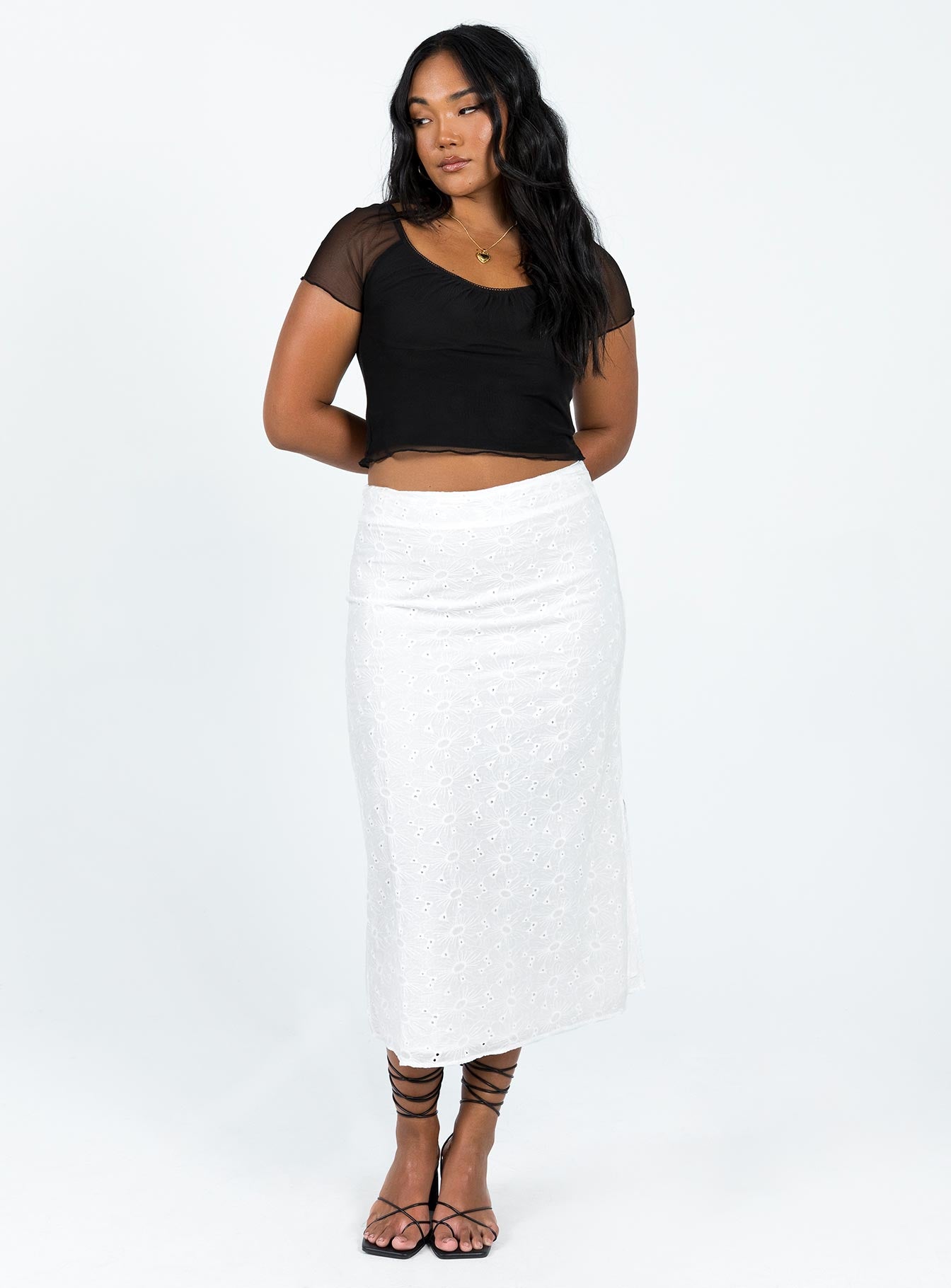 White midi skirt Cotton Broderie anglaise material Mid rise Invisible zip fastening at back Non stretch Fully lined