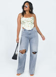Jeans Belt looped waist Classic five-pocket design Zip & button fastening High waisted Branded patch at back Wide leg Ripped knees