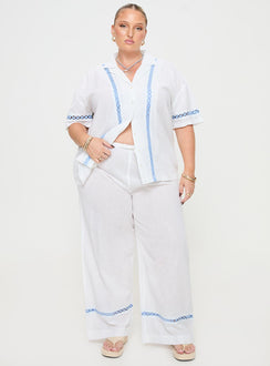 White and blue Linen pants Elasticated waistband, drawstring tie fastening, high rise