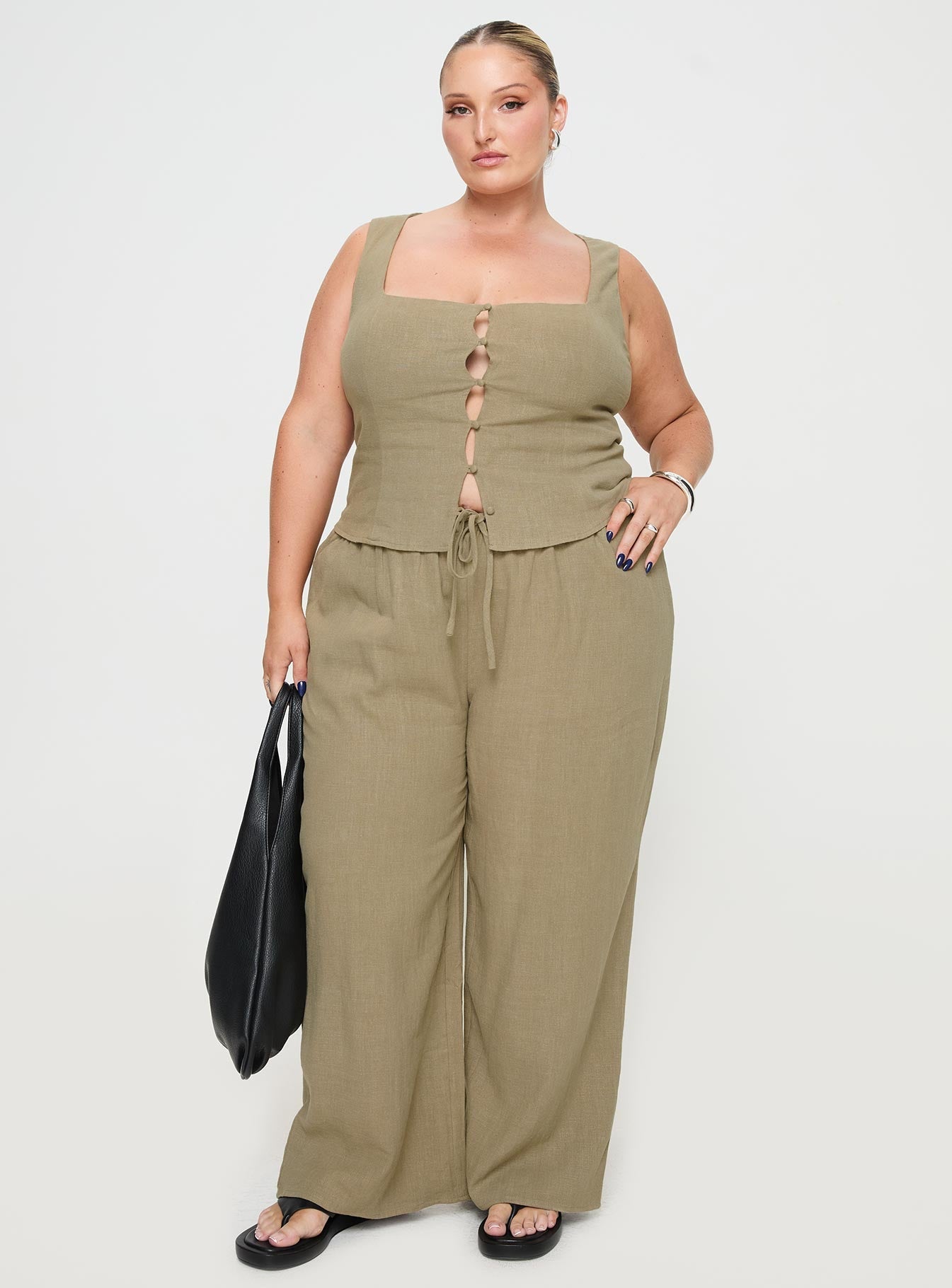 Olive Linen top Square neck, button up fastening