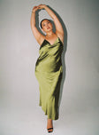Green maxi dress Soft silky material Cowl neckline Halter neck fastening Large split Low draped back Lined bust