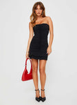 Strapless mini dress Ruching all throughout, center frill detail along front, two tiered frill hem
