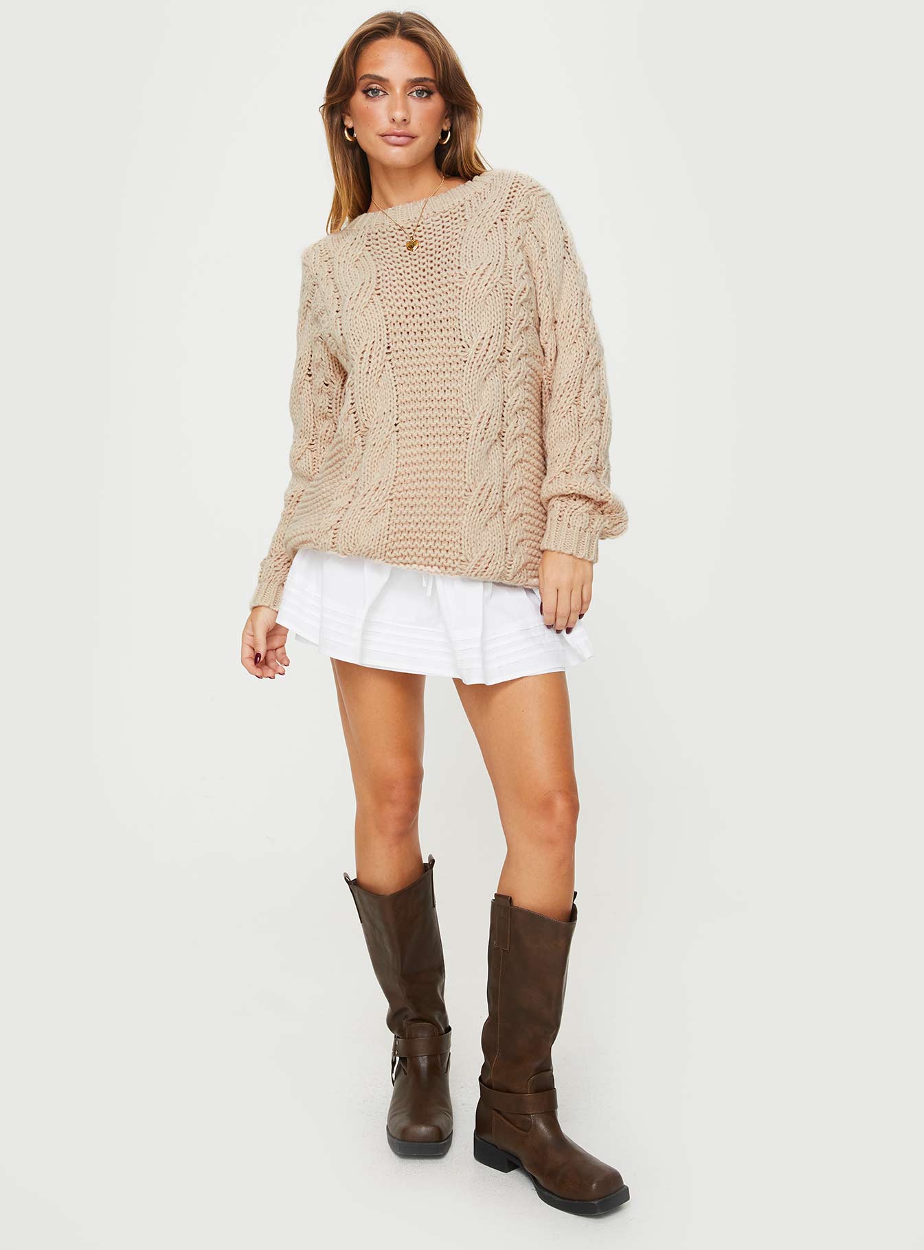 Cable knit sweater Drop shoulder, ribbed cuffs & waist 