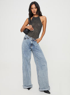 Bodysuit Sheer shimmery lace material, halter style with tie fastening, open back, breif cut leg, cheeky style Press clip fastening at base 