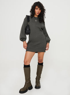 Long sleeve mini dress Knit material, crew neckline, drop shoulder, balloon sleeve Good stretch, unlined