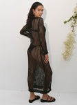 Black Long sleeve maxi dress Crochet knit sheer material, crew neckline, ribbed cuffs and hem