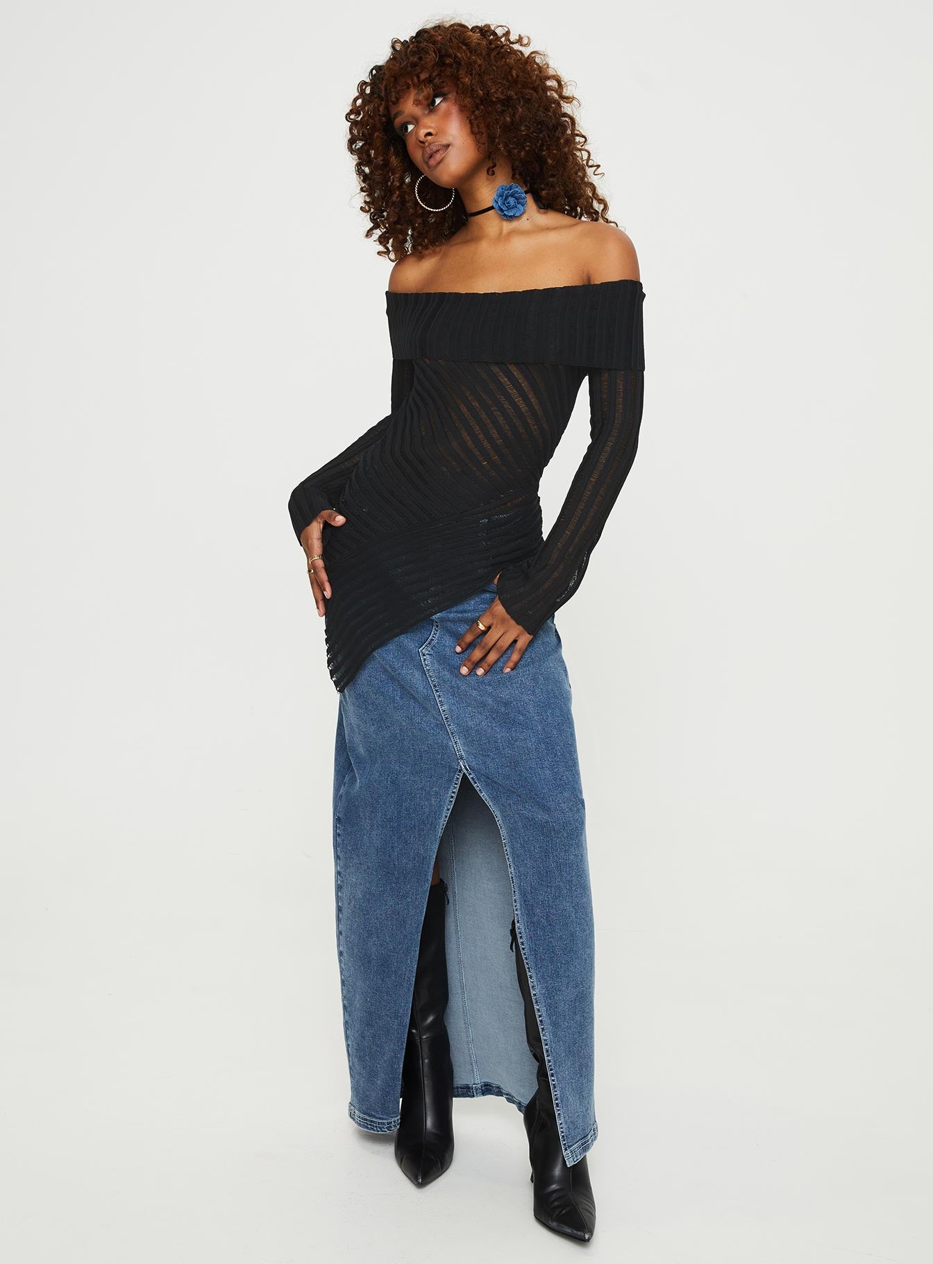 Off the shoulder sweater Sheer knit material, folded neckline, asymmetrical hemline Good stretch, unlined, sheer