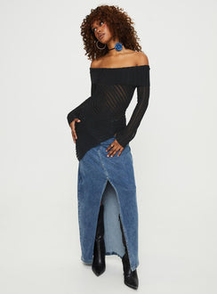 Off the shoulder sweater Sheer knit material, folded neckline, asymmetrical hemline Good stretch, unlined, sheer