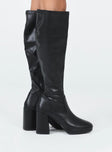 Knee high boots  Princess Polly Exclusive Faux leather material  Zip fastening at side  Rounded toe  Block heel  Platform base 