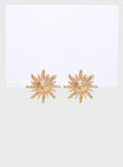 Gold-toned earrings Sun design, stud fastening, heavyweight