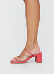Heels  Open square toe, mid-block heel, open heel counter, strappy upper, slightly padded footbed